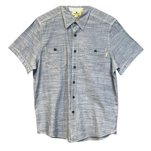WOOLRICH Shirt Men's Medium Blue Chambray Chest Pockets Short Sleeve Button Up - Picture 1 of 13